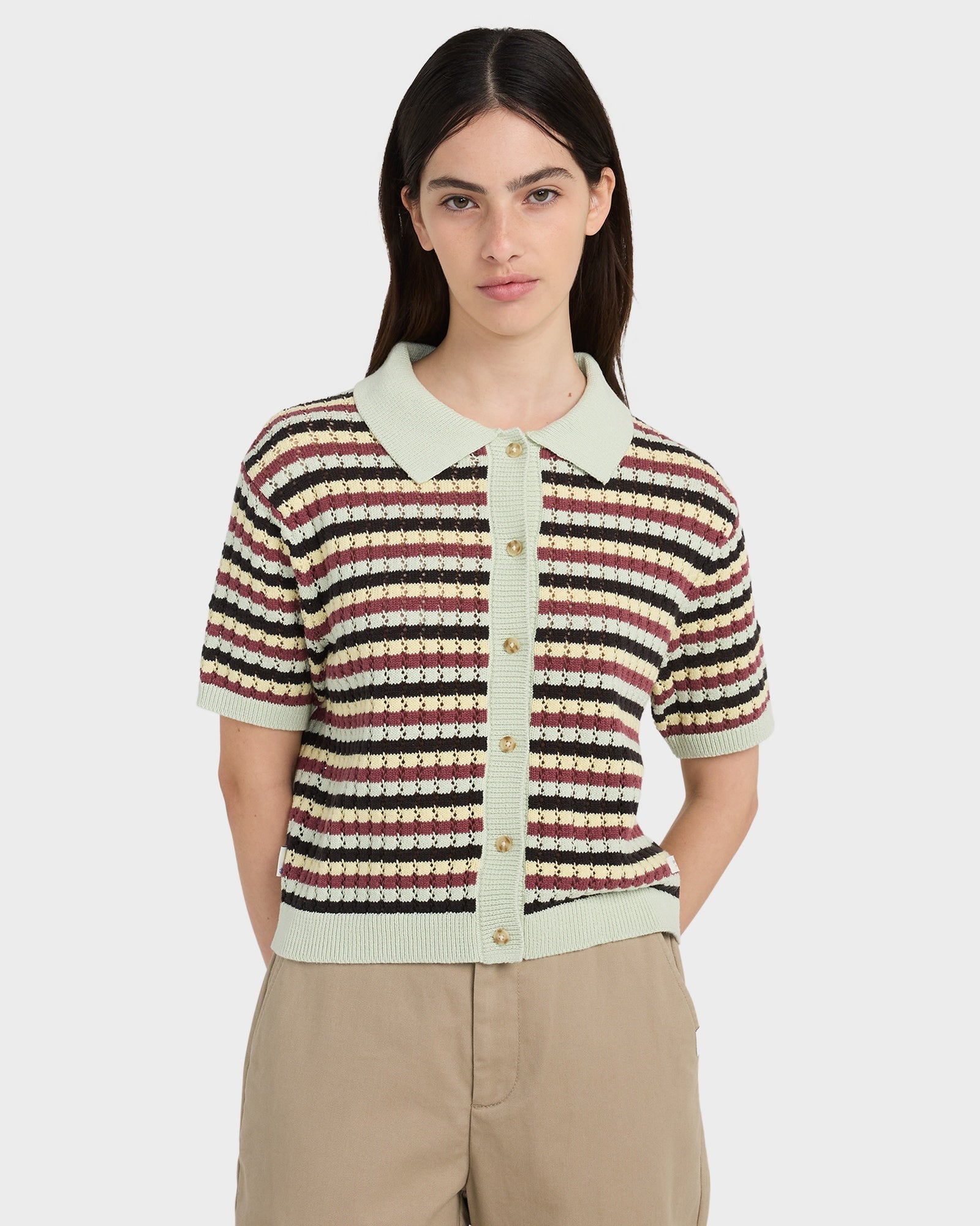 Womens Crochet Stripes Polo Shirt