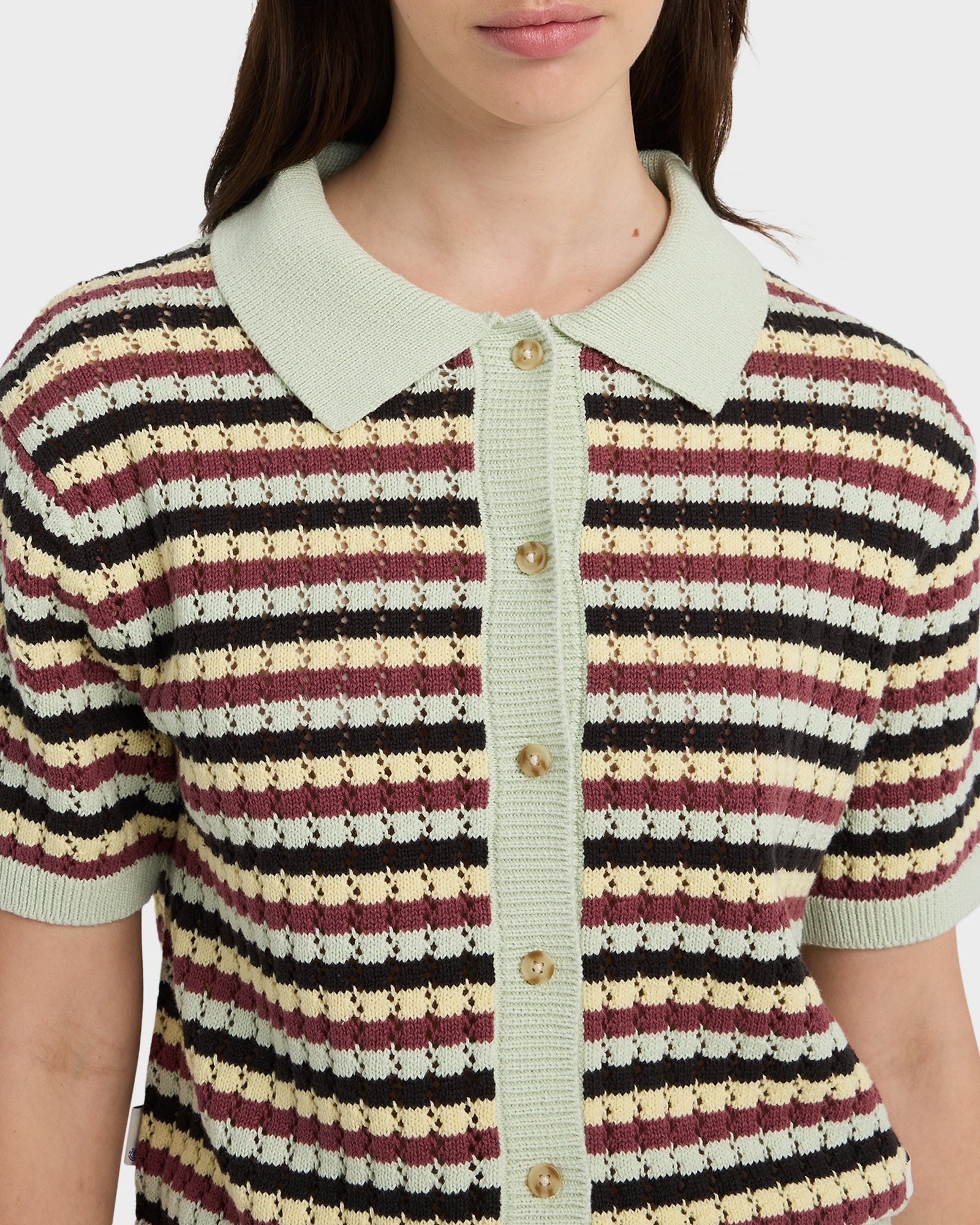 Womens Crochet Stripes Polo Shirt