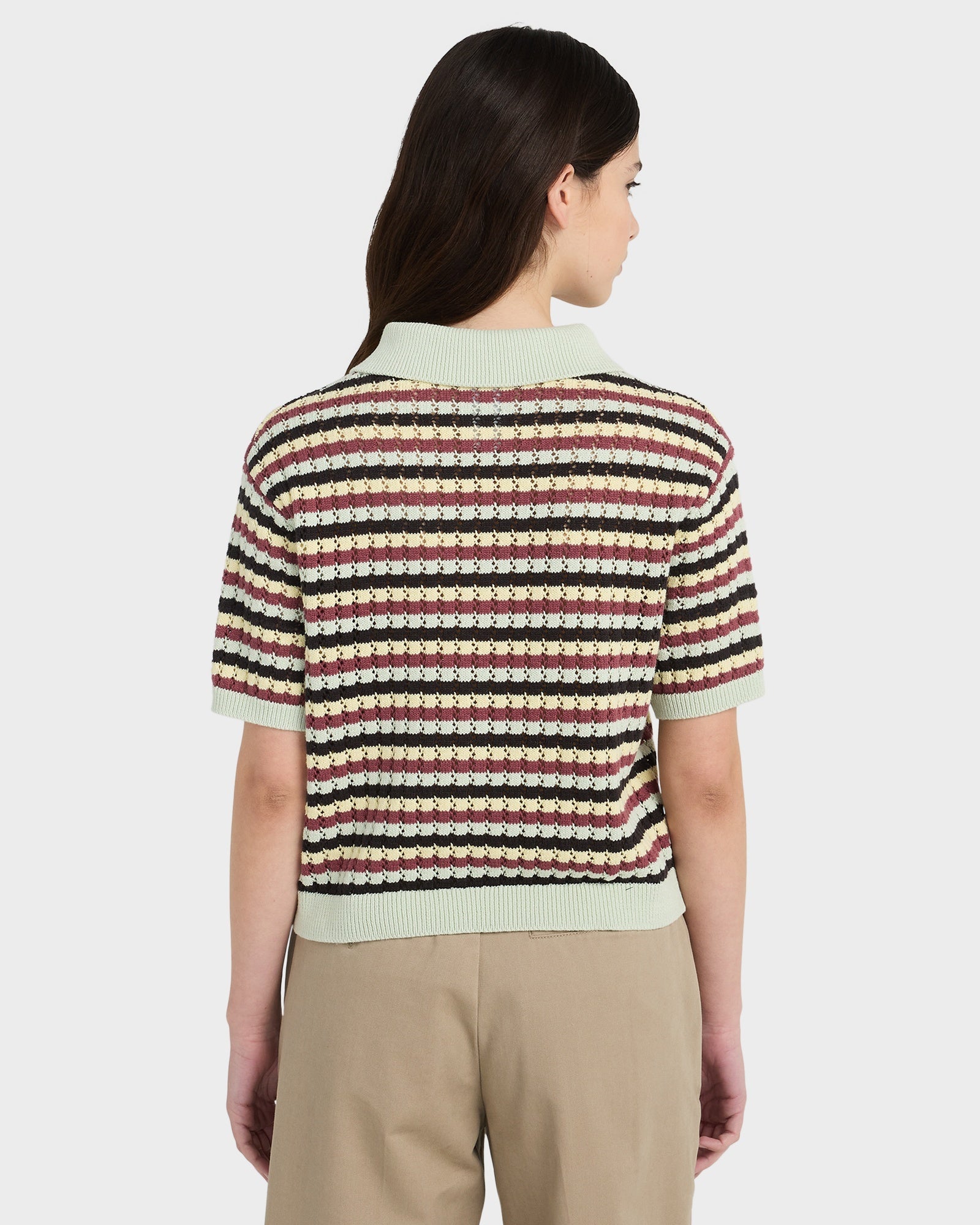 Womens Crochet Stripes Polo Shirt