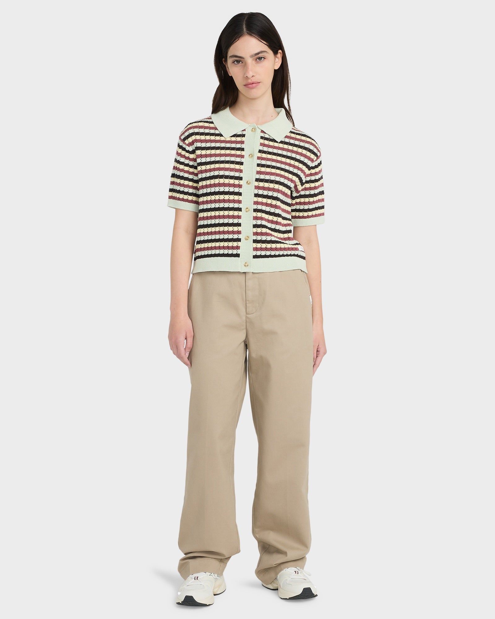 Womens Crochet Stripes Polo Shirt